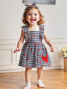 Baby Girls' Sleeveless Ruffled Hem Cute Strawberry Print Dress With Headband Set, Sweet And Elegant - Black - View 7