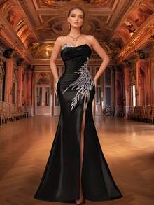 VIPGIRL 最新款黑色手工两件套高开衩设计连衣裙，奢华、柔软、优雅的晚礼服 - 黑色 - 查看 6