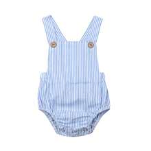 Newborn Baby Boy Girl Bubble Romper Unisex Striped Solid Color Button Jumpsuit Sleeveless Backless Overalls Outfits Summer Fall Clothes - 藍色條紋 - 查看 3