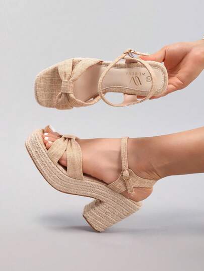 绳索厚底凉鞋，扭纹露趾，高跟鞋，防水厚底拖鞋，夏季度假休闲，女士日常时尚鞋