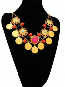 1 件阿拉伯金币流苏项链女士时尚亚克力宝石水晶花新娘婚礼珠宝 - 金黃色 - 查看 2