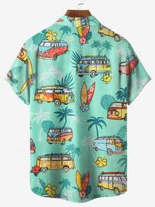 Hawaiianisches Kokosnussbaum- & Surfprint-Hemd mit Knöpfen und kurzen Ärmeln für Herren