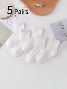 5 Pairs Kids White Checkered Mesh Mid-Calf Socks, Suitable For Back To School Wear - Multicolor - View 8