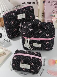 Pink Ribbon Bow Print Cosmetics Organizer Bag Black Makeup Bag Quilted Portable Travel Toiletry Bag With Zipper Large Capacity Makeup Pouch For Travel - Black - View 10