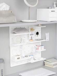 1pc/2pcs/4pcs Wall Mounted Storage Rack With Perforated Panel, Comes With Double-Sided Tape, Cute & Elegant Design, Suitable For Dorm Room, Simple Desktop Decor And Storage Organizer - White - View 7