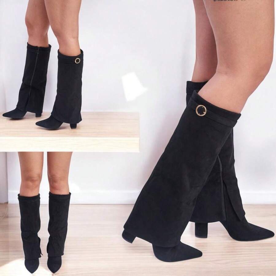 Ladies Knee High Smart Legs Boot Stretch Elastic Gusset Zip Buckle Warm Winter Shoes Women Footwear - BLACK SUEDE - View 1