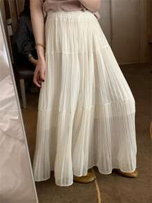 Women's Pleated Flowy Maxi Skirt - Summer A-Line Beach Skirt With Elastic Waist For Vacations/Resort Wear/Street Style, Lightweight Wrinkle-Resistant Lounge Skirt In Solid Colors - 米色 - 查看 3