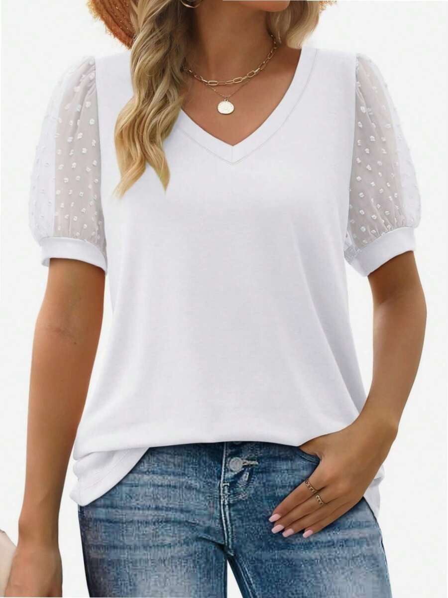 VERACT Camiseta casual de mujer de cuello en V, manga corta, con motivo de lunares suaves de tul.
