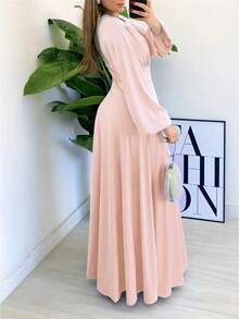 Women Solid Color Crossover V-Neck Lantern Sleeve Elegant Dress - Pink - View 3