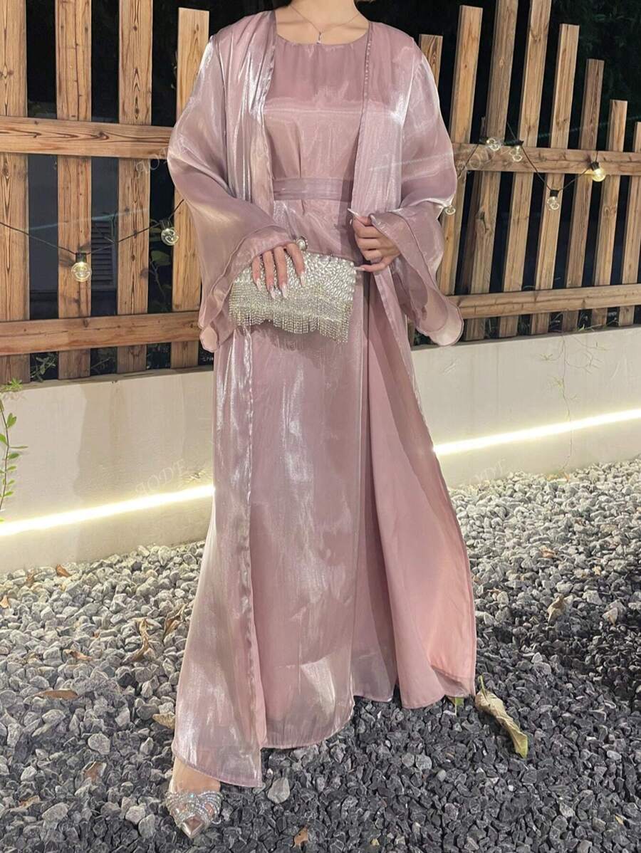 2 piezas Vestido de noche árabe de lujo de organza sólido y glamuroso, adecuado para el Festival del Eid, boda, fiesta formal, graduación, vestido abaya modesto