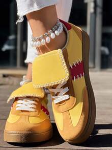 Women's Yellow Casual Athletic Sneakers, Lace-Up Comfortable Lightweight Flat Shoes, College Style  Retro Shoes, Autumn Back-To-School Big Size Footwear - Yellow - View 4