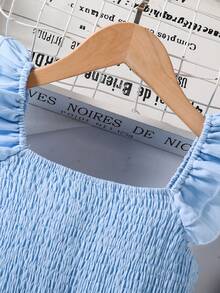 Girls' Square Collar Ruffle Cabled Fabric Texture Dress - Baby Blue - View 3