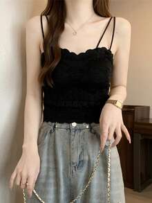 女式蕾丝露背夏季吊带背心，内置衬垫胸罩，可作为内衣或外套穿着 - 黑色 - 查看 4