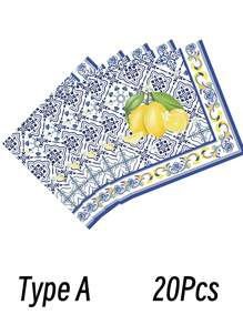 20-100pcs Set Blue And White Porcelain Lemon Pattern Paper Napkins, Disposable Party Supplies, Party Decorations, Festival Decorations