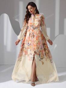 Women's Lantern Sleeve Elegant Floral Print Random Cut Arabic Style Dress
