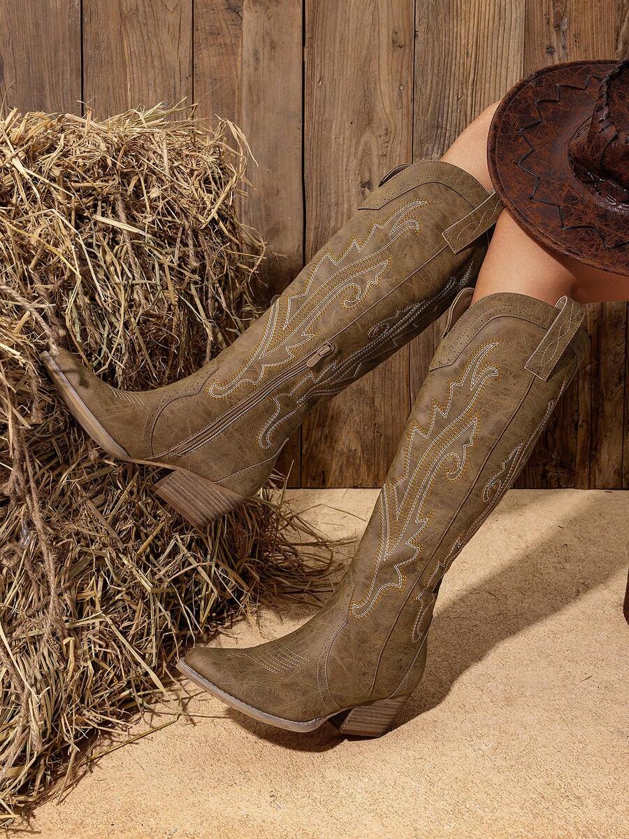 Womens Vintage Embroidered Western Boots Cowboy Knee High Boots Comfortable Pull On Side Zipper Chunky Heel Cowgirl Retro Tall Boots - 摩卡棕 - 查看 1