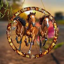 1pc Acrylic 3 Horses Suncatcher, Painted Glass Window Hanging Decor, Vivid Brown-Black Horse Design, Perfect For Home, Garden, Porch Decoration, Ideal Birthday Or Housewarming Gift For Mother, Sister, Women And Men, 2D - Multicolor-gold Rope - View 5