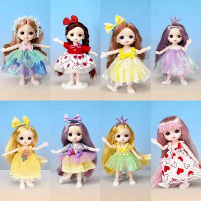 New 6.3inch Fashion Girl Doll 1/8 BJD Doll Cute Madeup Movable Jointed Nude Body OB11 Kawaii Cartoon Animation 3D Real Eye Comic FaceKawaii Doll Costume Party Gift Fashion Beautiful Gauze Dress Doll