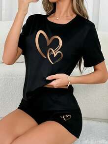 Women's Heart Print Short Sleeve Shorts Pajamas Set - Black - View 5