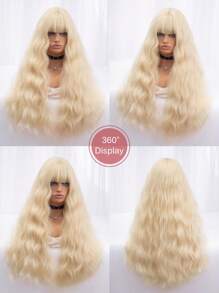 1 pieza Peluca de cabello sintético rizado resistente al calor con flequillo, dorada de 32 pulgadas tejida, natural y realista para uso diario