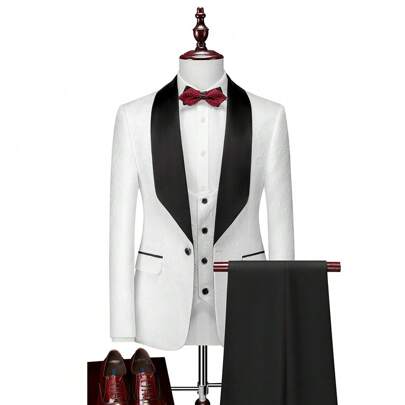Men Jacquard Suit Set 3Pcs With Black Shawl Label Jacket+Pants+Vest Wedding Party Minimalist Tuxedo Classy Refined