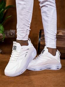 Women's Solid Color Mesh Thick Sports Sneakers, Lace-Up Breathable Running Shoes, Thick-Soled Platform Chunky Sneakers - White - View 4