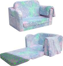 MeMoreCool Kids Couch Sofa, Folding Toddler Chair Bed, Soft Plush Fold Out Kids Armchair Sofa Glow In The Dark, Comfy Baby Recliner For Girls Boys, Glowing Dinosaur, Blue