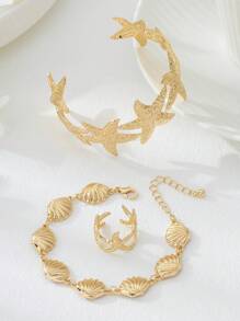 Conjunto de 3 peças de pulseira de estrela do mar dourada martelada, anel, conjunto de joias de pulseira de concha, estilo elegante de férias no oceano, versátil para festas, encontros e feriados