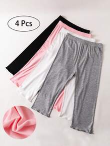 4 Pairs Summer Girls/Kids/Infants Ruffle Edge Capri Leggings, White/Gray/Black/Pink Solid Colors, Thin 3/4 Length Pants, Casual Cute Fashion, Soft & Comfortable Bottoms, Suitable For Daily Wear, Can Be Paired With Tops Or Skirts