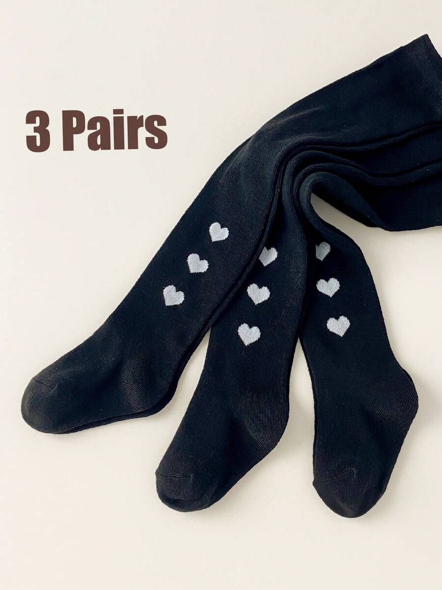 3 Pairs Baby Toddler Leggings Socks Newborn To 10-Year-Old Kids- Ideal For Daily Wear Girls Tights Black Heart-Shaped Pattern, Minimalist Style Baby Leggings - Multicolor - View 1