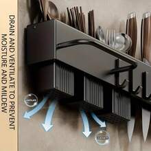 No-Drill Storage Rack - Wall-Mounted, Kitchen Organizer For Utensils ,Knife Holder, Multifunctional Hanging Shelf For Home Wall Shelf - Black - View 6