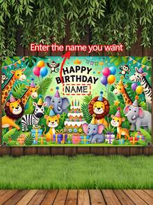 1件可定制彩色丛林主题个性化生日背景布 - 耐用乙烯基横幅，印有狮子、大象、长颈鹿、斑马和其他动物图案 - 非常适合室内/室外派对装饰和拍照道具，可悬挂作为丛林主题装饰，无需用电，提供3种尺寸，多功能，装饰性强，字母可定制，时尚现代，色彩鲜艳，可爱休闲，可定制，个性化，独特，是送给男士或女士的理想礼物 - 彩色 - 查看 3