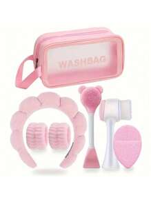 Ensemble de sept pièces d'outils de lavage du visage et de soins de la peau : bandeau de lavage du visage, strap de poignet, brosse de lavage du visage en silicone à double face, brosse de nettoyage d'ourson, éponge de nettoyage du visage, grand sac de rangement imperméable. Un outil de beauté tout-en-un.