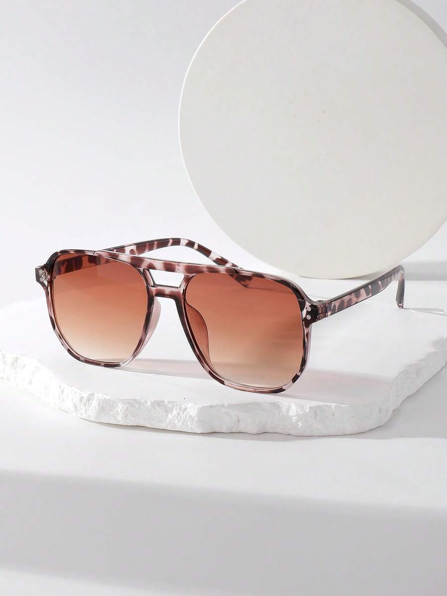 1pc Women's Square Rivet Design Fashion Glasses Set, Orange, Black, Yellow - White Leopard Print Frame Double Tea Set - View 1