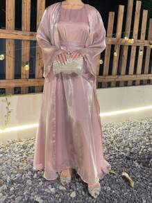 2 piezas Vestido de noche árabe de lujo de organza sólido y glamuroso, adecuado para el Festival del Eid, boda, fiesta formal, graduación, vestido abaya modesto