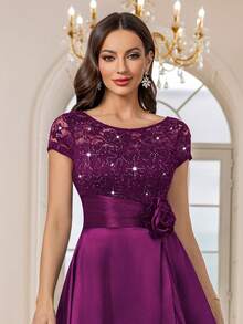 MIUSOL Sequin Floral Lace Colorblock Satin Ruffle Hem Formal Party Maxi Dress - Maroon - View 9