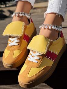 Women's Yellow Casual Athletic Sneakers, Lace-Up Comfortable Lightweight Flat Shoes, College Style  Retro Shoes, Autumn Back-To-School Big Size Footwear - Yellow - View 9