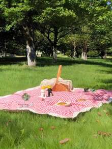 1pc Charming Pink & White Plaid Rectangular Picnic Blanket - Suitable For Valentine's Day, Easter, Woven Rayon Tablecloth With Lace Trim, Ideal For Winter Camping, Beach Outings, Photography Backdrop, Picnic Accessory - Pink - View 6