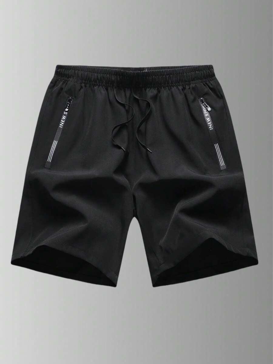 Men's Black Drawstring Shorts With Zipper Pockets - Made Of Lightweight Polyester, Suitable For Summer Workout And Beach Activities - Black - View 1