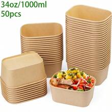 1000ml/34oz Einweg-Kraftpapier-Schüsseln mit Deckeln, rechteckige Lebensmittelbehälter Suppenschüsseln Party Zubehör Naschteller 10/25/50 Stücke