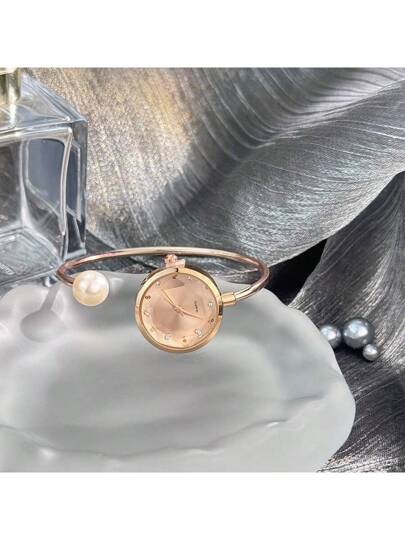 1pc Delicate Bracelet Horloge Large Pearl, Diamond Cut Glass Dial, Minimalist Quartz view 6