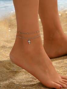 European And American Fashion Cross Stainless Steel Rhinestone Anklet For Women, Versatile Foot Jewelry - Yellow Gold - View 3