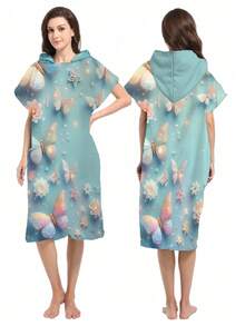 1pc Bowknot Print Wearable Hooded Robe - Ultrasoftmicrofiber Beach Pattern, Suitable For Male, Female, Couples As Gift - Beach & Home Decor, Couples Cloak | Microfiber Bathrobe, Suitable For Various Festivals Back To School - Multicolor - View 3