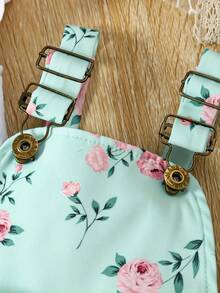 2pcs Baby Girl Overalls Jumpsuit Set With Flying Sleeves, Top T-Shirt With Floral Pockets, Overalls Shorts Set (Overalls Measurement Does Not Include Shoulder Straps) - Green - View 4