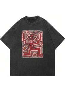 A Black Washed And Stir-Fried Snowflake 230g Cotton T-Shirt, "DAN DA DAN" Red Three-Dimensional Letter Print, Dark Style Y2K Style