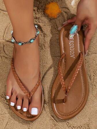 Rhinestone Flat Flip Flops, Women's Glitter Thong Sandals, Casual Outdoor Beach Holiday Slippers, Plus Size 44, Couples