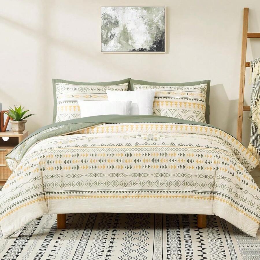 Boho Comforter Set 8 Pieces All Season Reversible Bed In A Bag Lightweight Soft Bedding Breathable Warm Brown 90X90 - Olive Green-1 - View 1