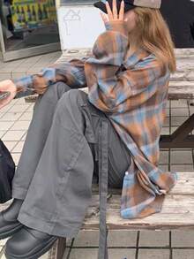 女士格子落肩长袖衬衫，随机拼接设计，春季款 - 桔色 - 查看 3