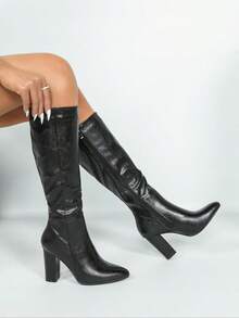 Women's Fashionable Solid Color Heeled Knee Boots, Elegant Womens Shoes, Pointed Toe High Heel Boots For Daily Wear, Women's Shoes For Fall & Winter, Valentine's Day, Gift - Black - View 2