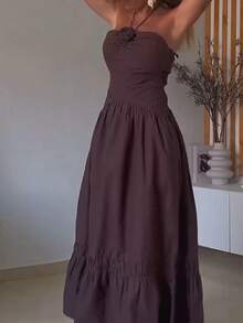 Đầm dự tiệc mùa hè thanh lịch không tay cúp ngực màu trơn dành cho nữ - Cà phê - Xem 6